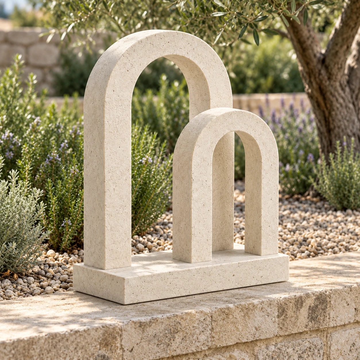 Staggered Arch Garden Sculpture on a garden stone ledge