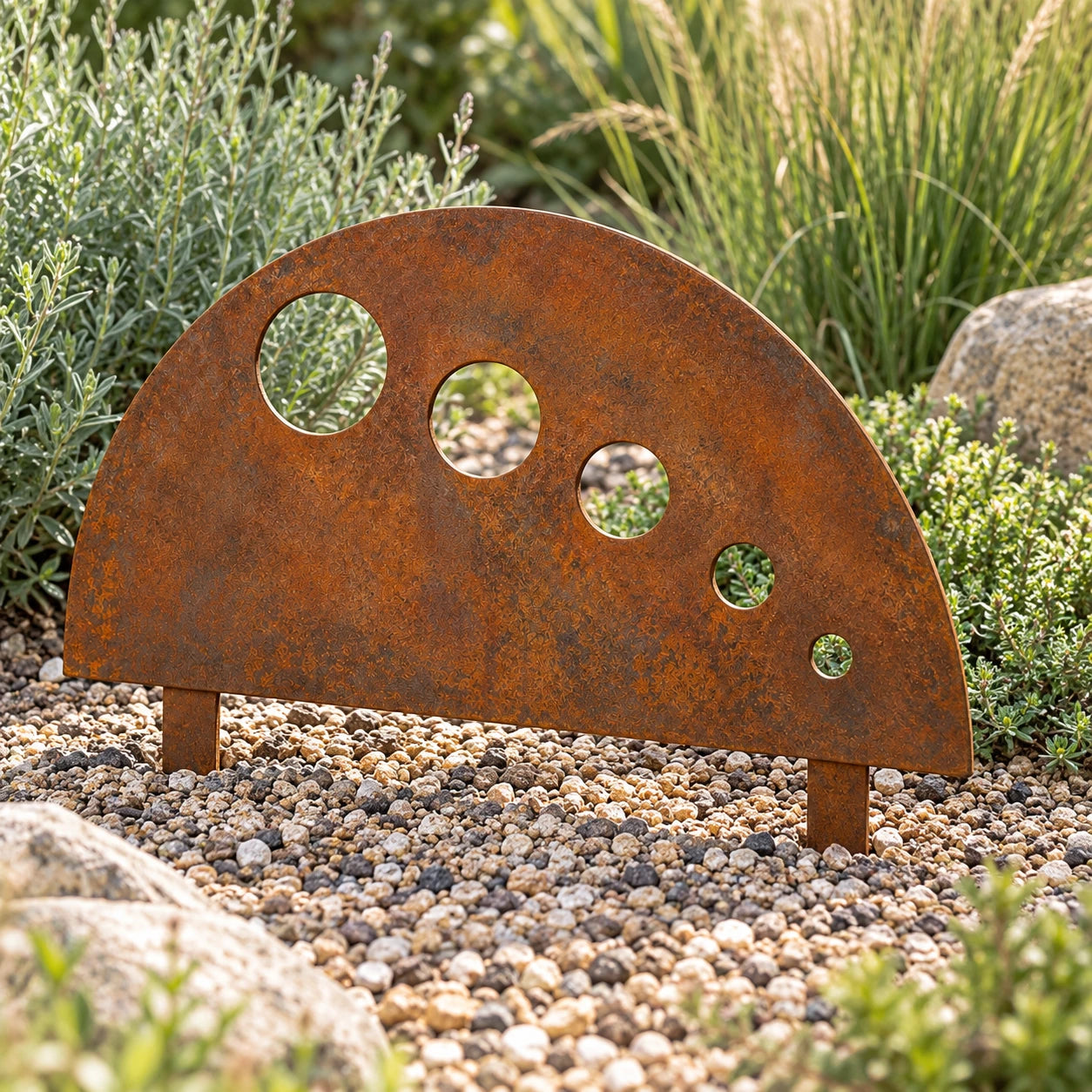 Perforated Arc Landscape Panel in a gravel garden